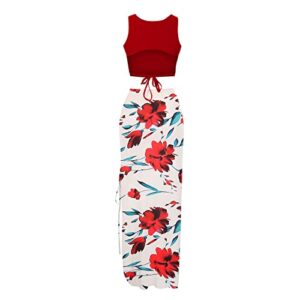 Women's Floral Crop Top Dress Split Hem Maxi Skirt Set 2 Piece Outfit Dress Sexy Wrap Backless Tropical Clubwear Dress Red