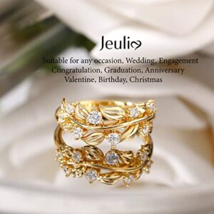 Jeulia Olive Branch Band Ring Sterling Silver Round Cut Leaf Promise Ring for Women Gold Tone Diamond Nature Wedding Band Rings for Anniversary Engagement with Jewelry Gift Box (Olive Leaf, 8.5)