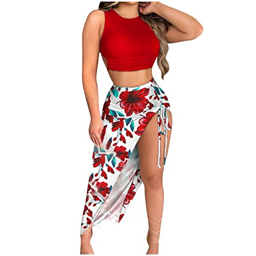 Women's Floral Crop Top Dress Split Hem Maxi Skirt Set 2 Piece Outfit Dress Sexy Wrap Backless Tropical Clubwear Dress Red