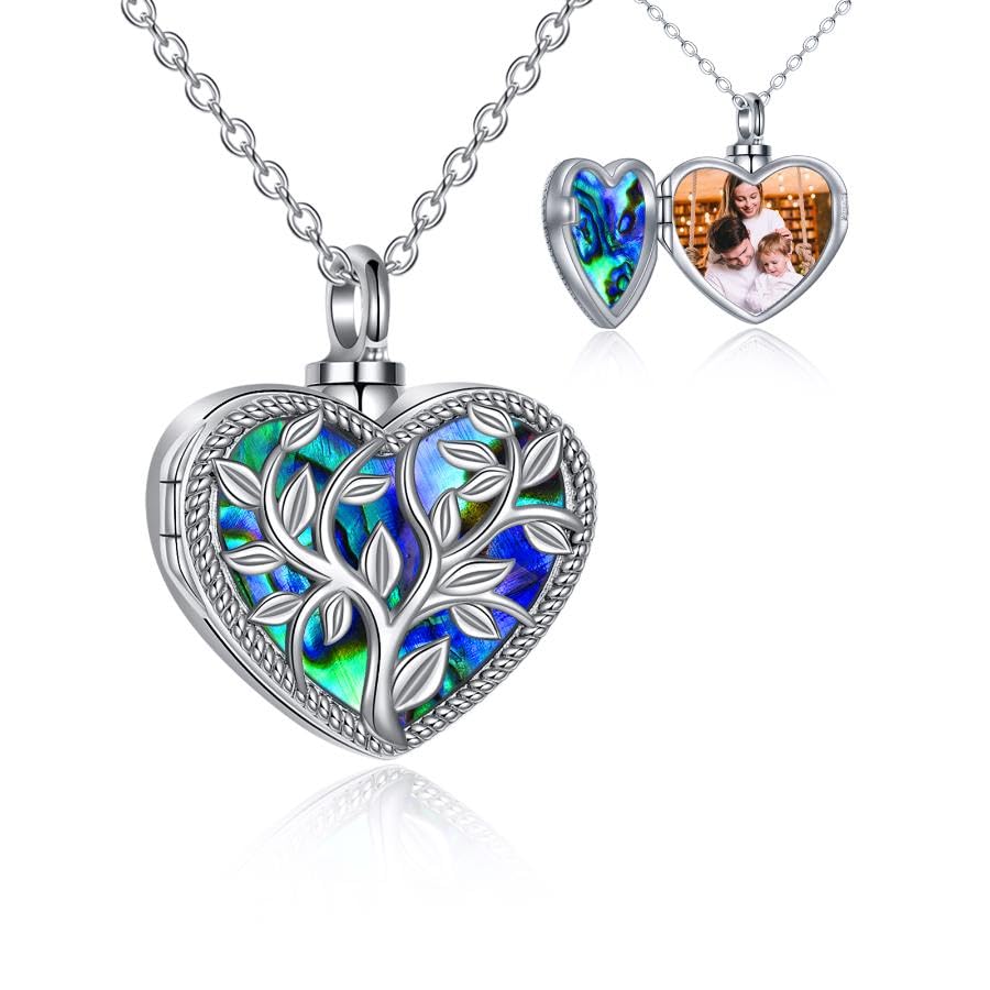 ONEFINITY Cremation Urn Necklace for Ashes Sterling Silver Abalone Shell Tree of Life Locket Necklace That Holds Pictures Heart Cremation Keepsake Memorial Ash Jewelry for Women Men