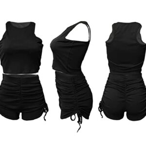 Summer Two Piece Outfits for Women, Casual Stretchy Ribbed Tank Crop Top Drawstring Ruched Shorts Set Workout Tracksuits (Black,M)