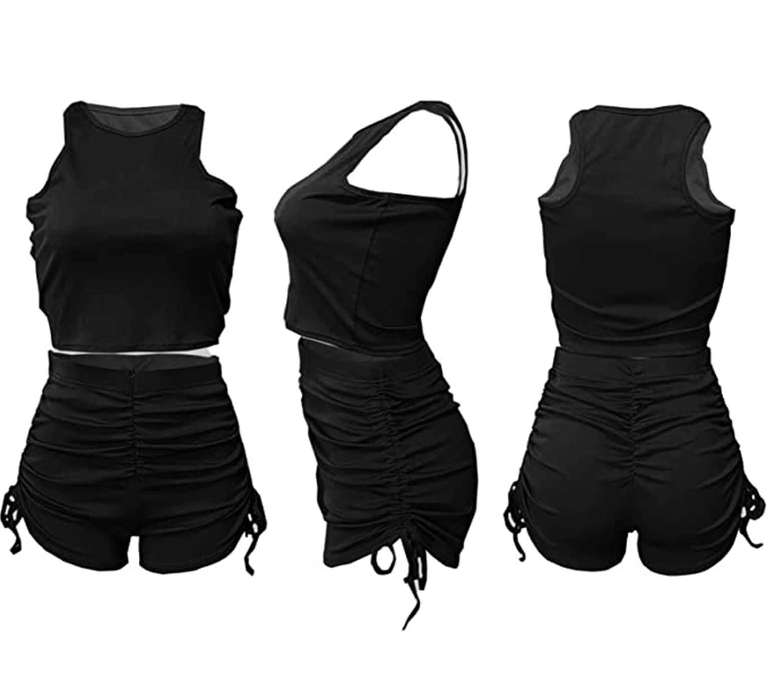 Summer Two Piece Outfits for Women, Casual Stretchy Ribbed Tank Crop Top Drawstring Ruched Shorts Set Workout Tracksuits (Black,M)