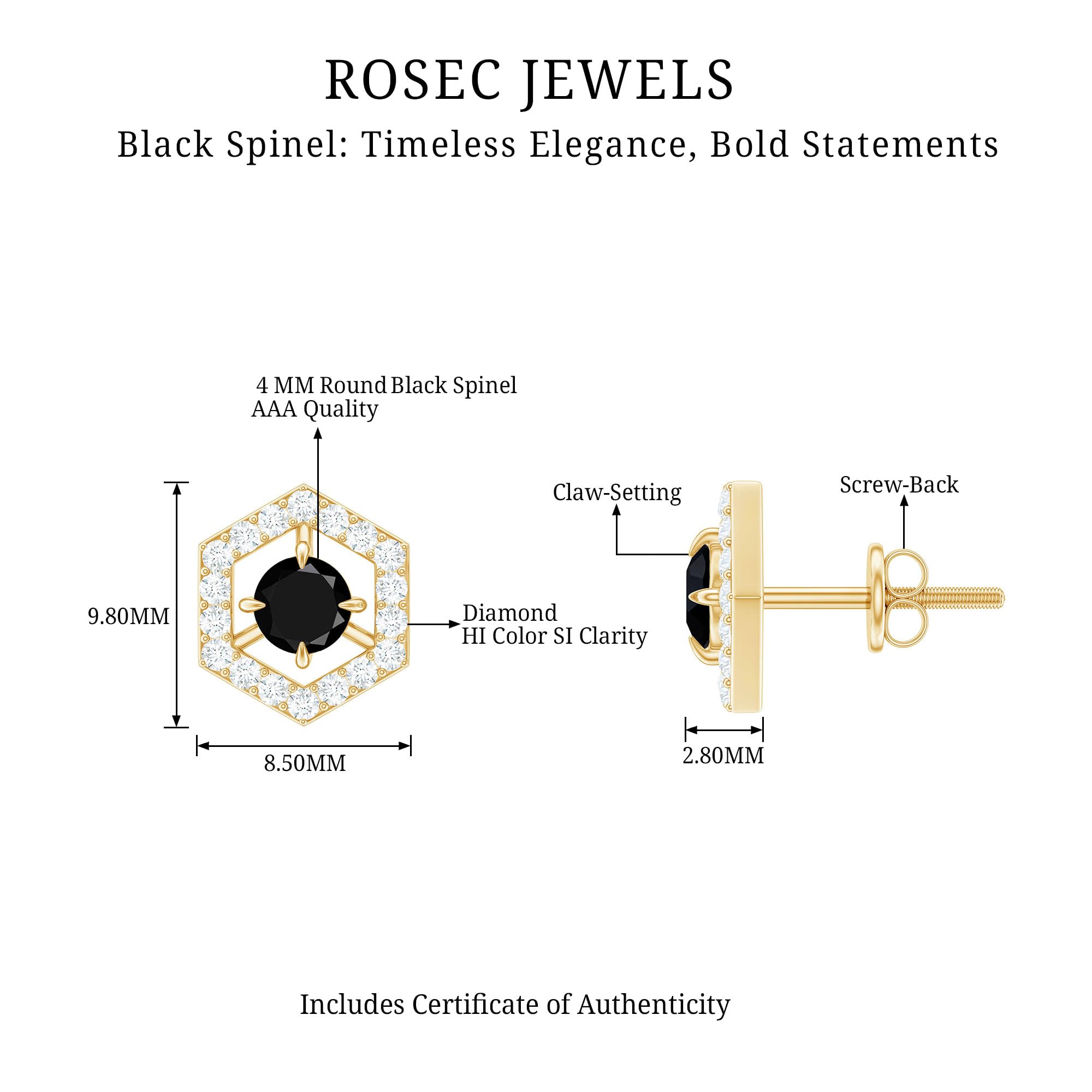 Certified Black Spinel and Diamond Geometrical Stud Earrings for Women | 1 Cttw | AAA Quality, 14K Yellow Gold