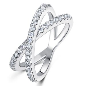 mdfun 18k white gold plated rhodium cubic zirconia band cross x ring for women engagement wedding (6.5)