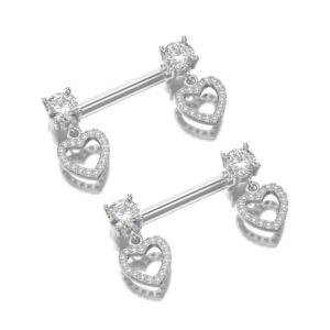 14G Dangle Heart Nipple Rings Crystal Diamond 316L Stainless Steel CZ Sweet Love Hearts Nipple Pierced Tongue Ring Piercing Body Jewelry Barbell Fashion Jewelry Gifts for Women