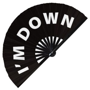 I'm Down Hand Fan Foldable Bamboo Circuit Rave Hand Fans Slang Words Fan Outfit Party Gear Gifts Music Festival Rave Accessories (Black)