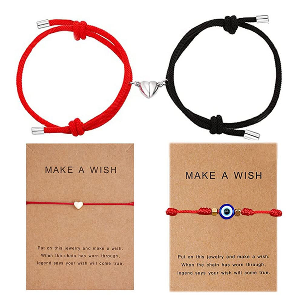 JczR.Y Matching Couples Bracelets Set Pulseras Para Parejas De Novios Attract Heart Couple Bracelet Mutual Attraction Wishing Heart Bracelet for Him And Her Women (black+red heart)