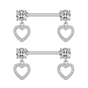 14G Dangle Heart Nipple Rings Crystal Diamond 316L Stainless Steel CZ Sweet Love Hearts Nipple Pierced Tongue Ring Piercing Body Jewelry Barbell Fashion Jewelry Gifts for Women