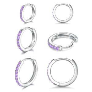 925 Sterling Silver Post Small Hoop Earrings Cubic Zirconia Huggie Hoop Earrings,3 Pairs 14K White Gold Plated Cartilage Piercing Earrings Ear Cuff Tiny Hoop Earrings for Women Men 8mm 10mm 12mm,