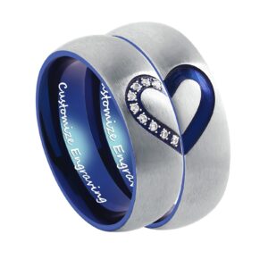 ANAZOZ Personalized Name Rings for Women, Stainless Steel Heart Blue Engravable Rings for Women 6MM Size 8