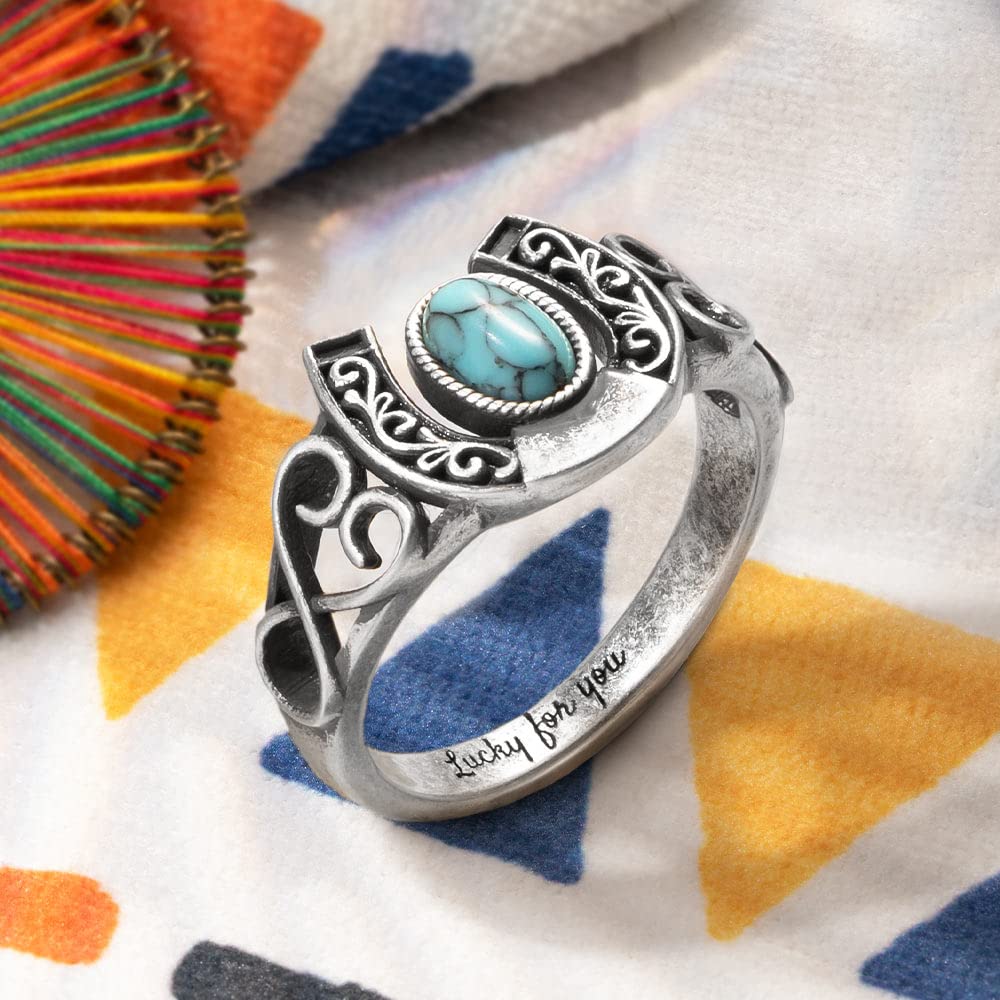 Getname Necklace Custom Engraved Oval Bohemia Turquoise Ring Lucky Horseshoe Ring for Women Women's Statement Ring Sterling Silver Turquoise Bohemian Ring Personalized Silver Vintage Ring