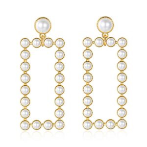 YUJIE Large Rectangle Pearl Dangle Earrings for Women 14K Gold Plated Geometric Drop Earrings Pearl Dangle Earrings