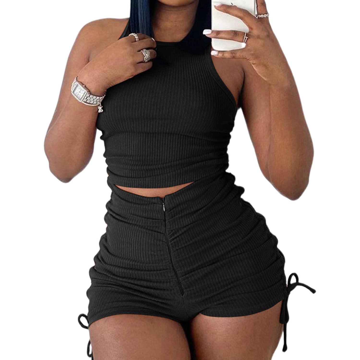 Summer Two Piece Outfits for Women, Casual Stretchy Ribbed Tank Crop Top Drawstring Ruched Shorts Set Workout Tracksuits (Black,M)