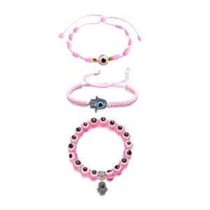 3 Pcs Colorful Evil Eyes Bracelet Amulet Protection Bracelet Braided Rope Bracelet Handmade Lucky Protection Bracelets Adjustable Red String Hamsa Charm Bracelet Wish Friendship Jewelry for Women Mens-Pink