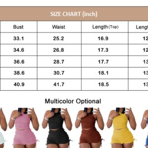 Summer Two Piece Outfits for Women, Casual Stretchy Ribbed Tank Crop Top Drawstring Ruched Shorts Set Workout Tracksuits (Black,M)