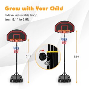 GYMAX Basketball Hoop, 6.3 ft-8.1ft Adjustable Basketball Goal with Shatterproof Backboard & Built-in Wheels, All weather Portable Basketball System for Kids Teens Adults, Indoor/Outdoor Gym, Backyard