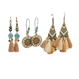 Verdusa Women's 3 Pairs Boho Tassel Earrings Set Khaki one-size