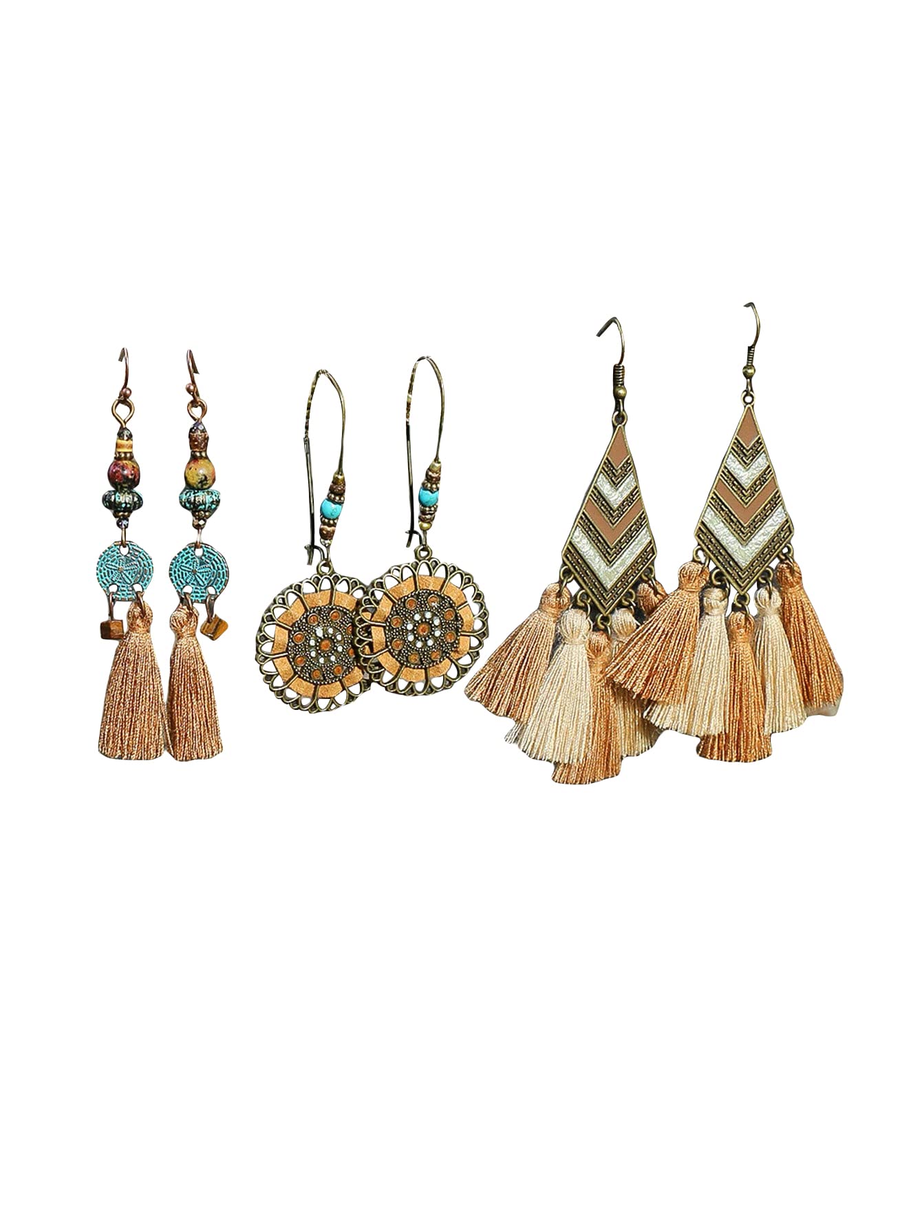 Verdusa Women's 3 Pairs Boho Tassel Earrings Set Khaki one-size