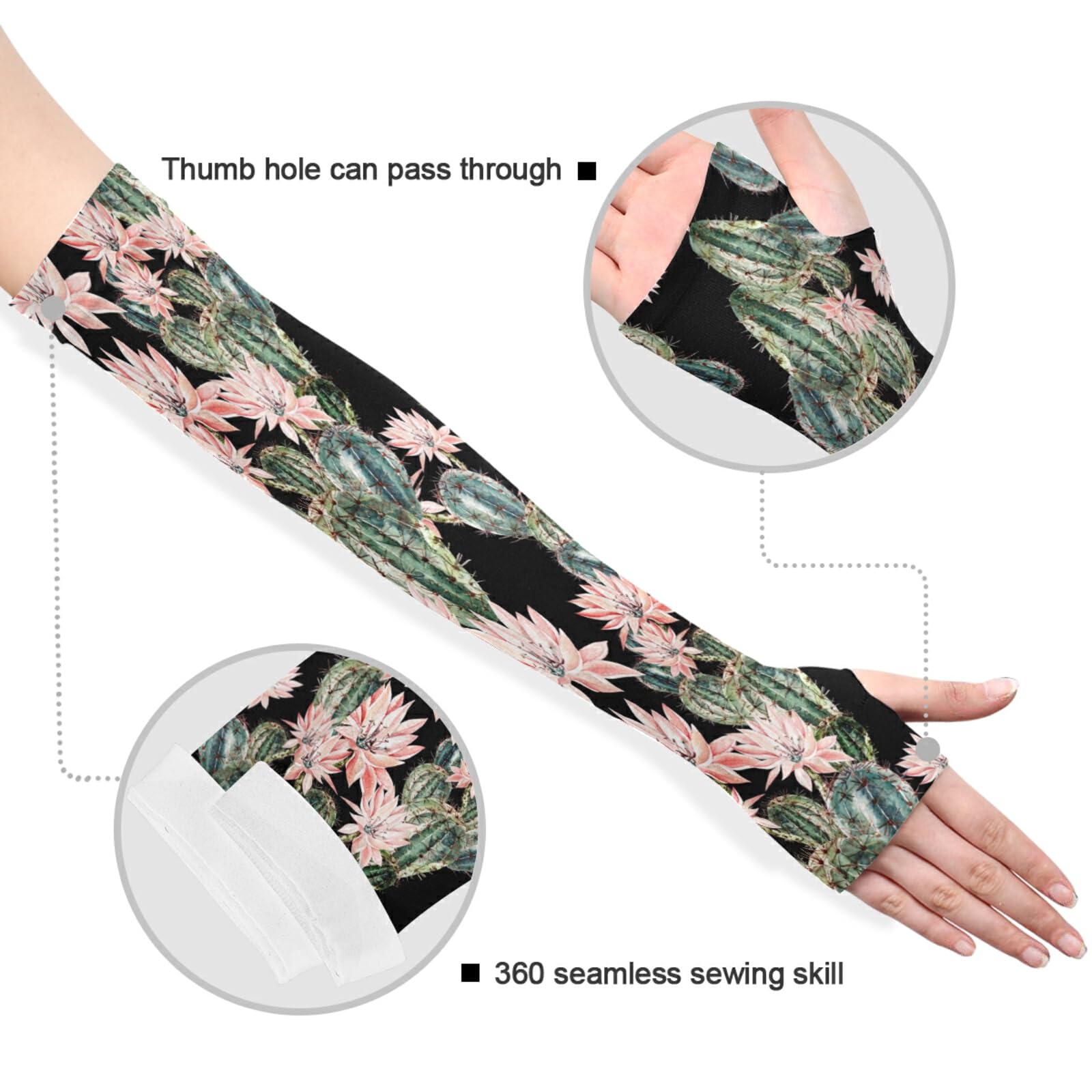 JUNZAN Gardening Sleeves Sun Protection Cooling Arm Sleeves for Women with Thumb Hole Cactus