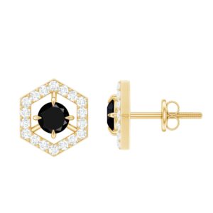 certified black spinel and diamond geometrical stud earrings for women | 1 cttw | aaa quality, 14k yellow gold