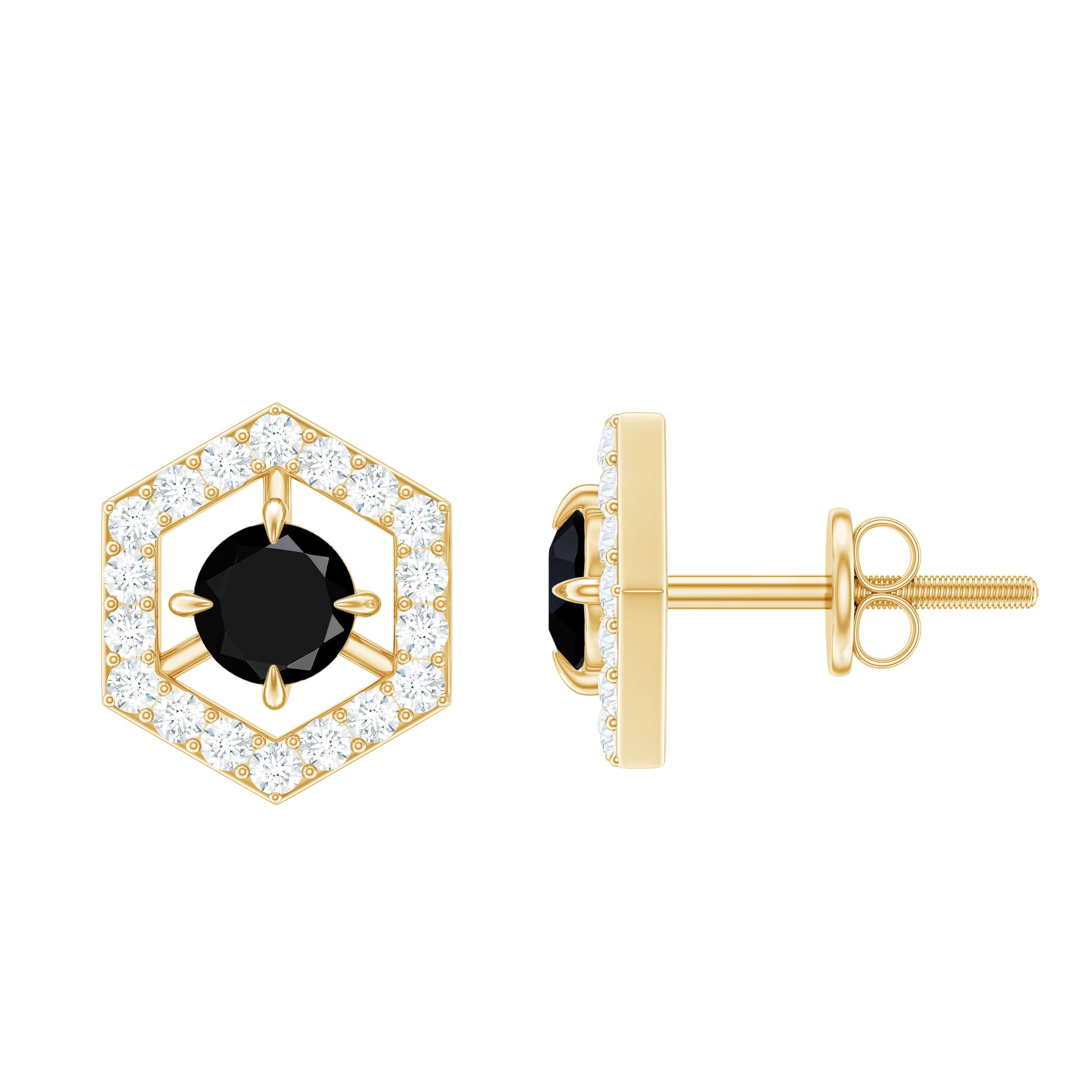 Certified Black Spinel and Diamond Geometrical Stud Earrings for Women | 1 Cttw | AAA Quality, 14K Yellow Gold