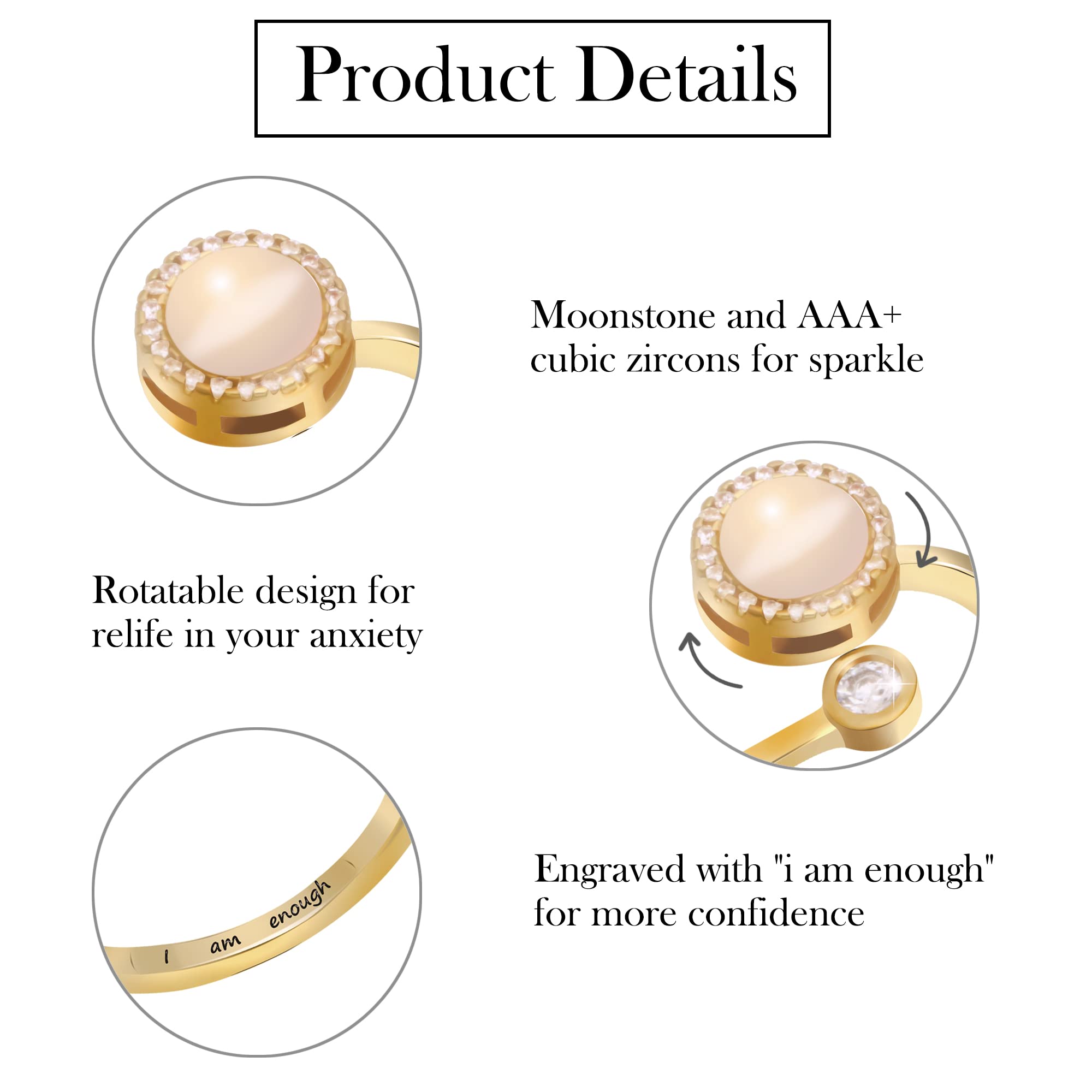 SmileBelle Gold Anxiety Ring for Women, Fidget Rings for Anxiety for Women as Birthday Gifts, Fidget Ring for Daughter from Mom Fidget Handmade Rings as Back to School Gifts, Moonstone Ring for Girls