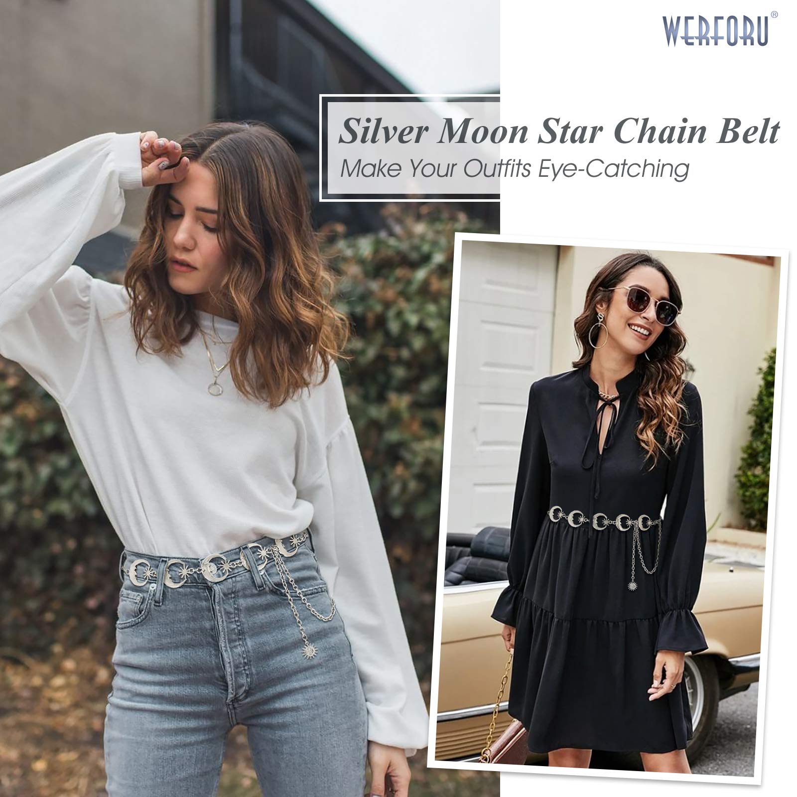 WERFORU Women's Silver Metal Link Moon Star Body Chain Belt Ladies Waist Chain Belt for Jeans Dress