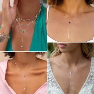 FOCALOOK 925 Sterling Silver CZ Teardrop Lariat Necklace 16"-18" Y Drop Adjustable April Birthstone Synthetic Diamond Necklaces for Women