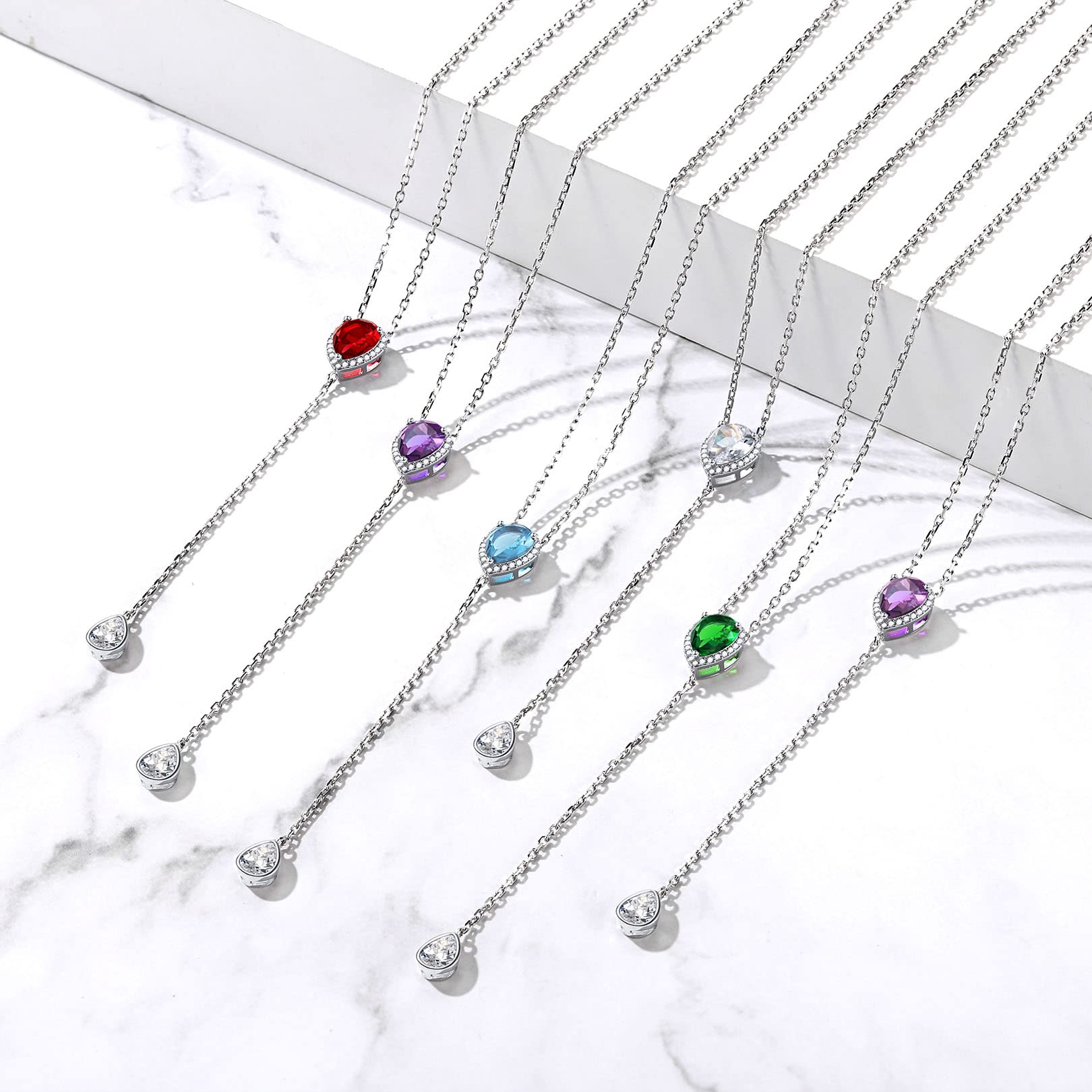 FOCALOOK 925 Sterling Silver CZ Teardrop Lariat Necklace 16"-18" Y Drop Adjustable April Birthstone Synthetic Diamond Necklaces for Women