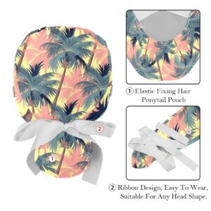 Tropical Palm Coconut Tree Pattern Working Caps with Buttons, Long Hair Scrub Hats Ponytail Holder for Women