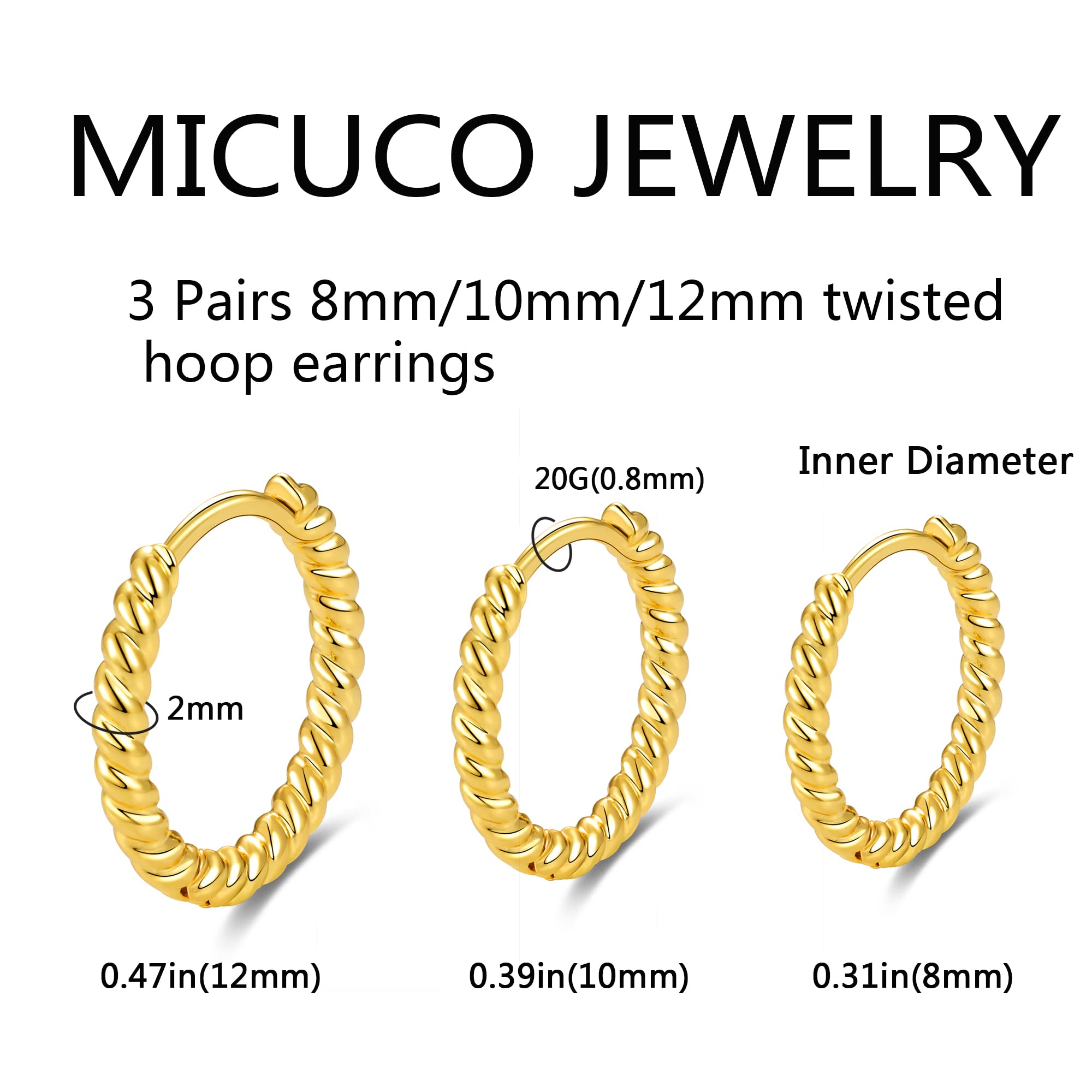 micuco 3 Pairs Small Hoop Earrings for Women 14K Gold Plated Huggie Hoop Earrings Hypoallergenic Twisted Mini Hoop Earrings