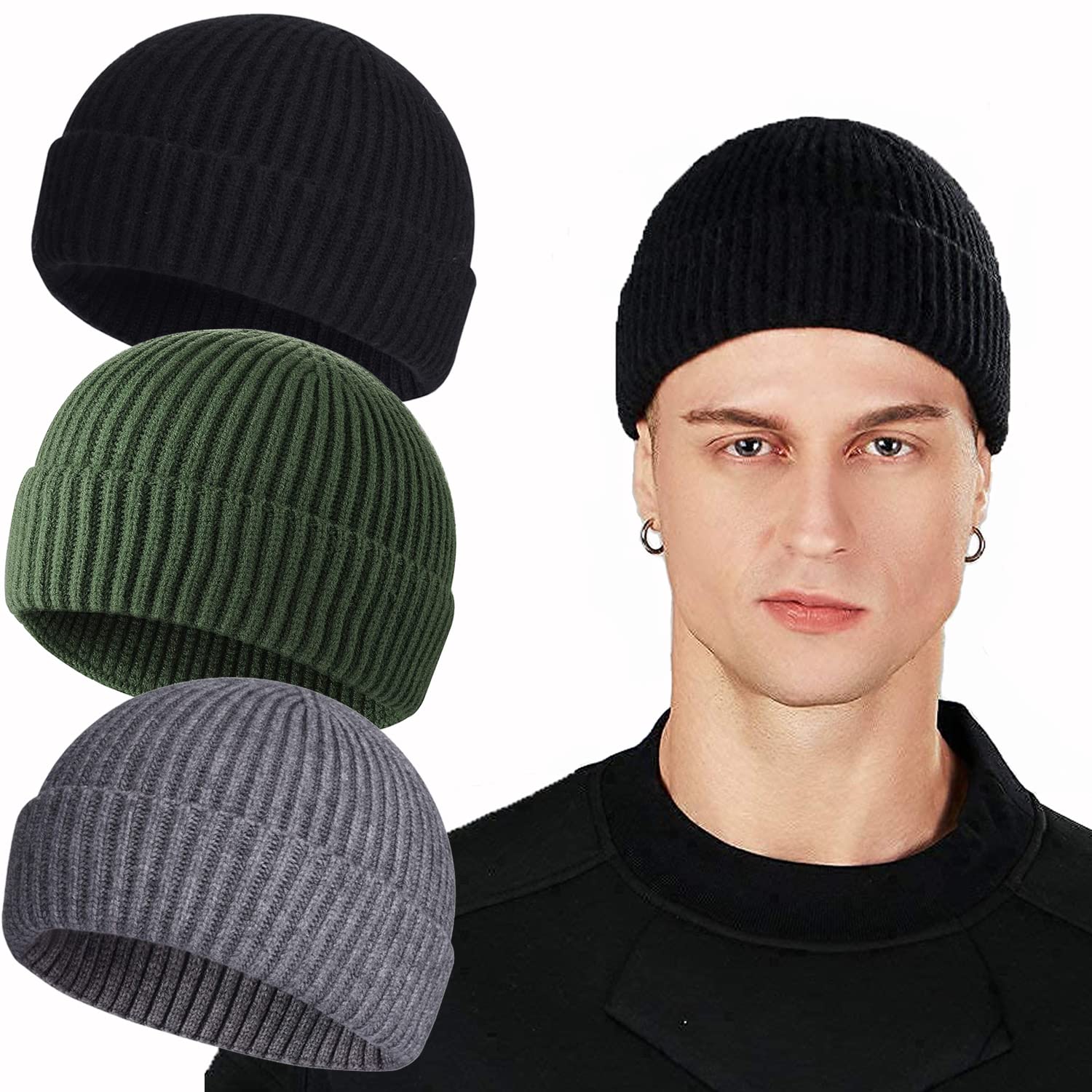 ROYBENS Swag Wool Knit Cuff Short Fisherman Beanie for Men Women, Winter Warm Hats, 3PCS