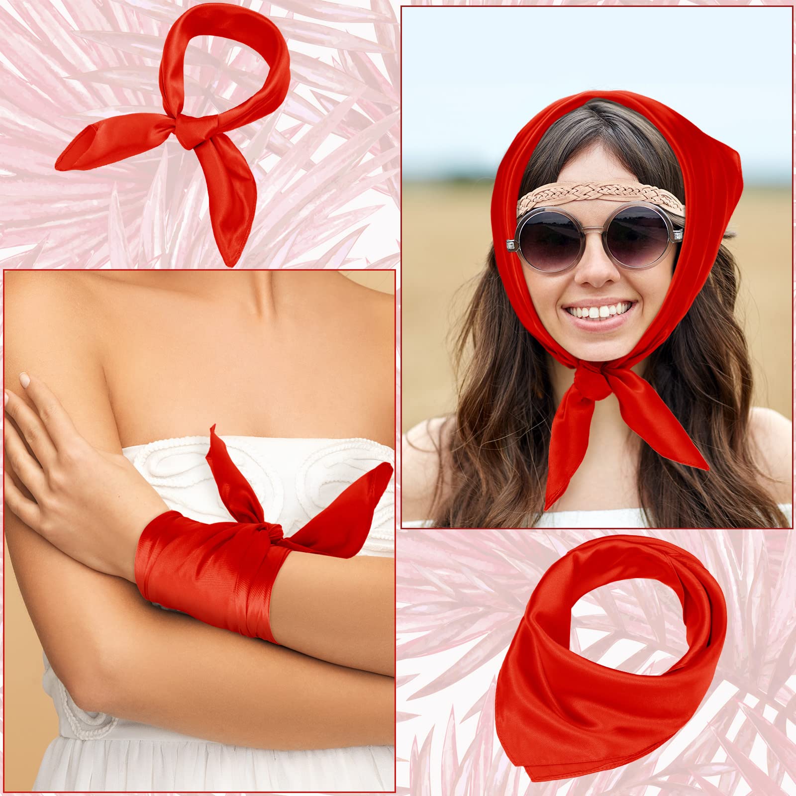 Geyoga 3 Pieces Halloween Satin Square Scarf Women Solid Color Neck Head Scarves Neckerchief for Women Girls(Red)