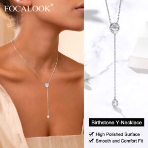 FOCALOOK 925 Sterling Silver CZ Teardrop Lariat Necklace 16"-18" Y Drop Adjustable April Birthstone Synthetic Diamond Necklaces for Women