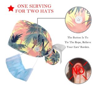 Tropical Palm Coconut Tree Pattern Working Caps with Buttons, Long Hair Scrub Hats Ponytail Holder for Women