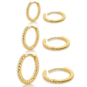 micuco 3 Pairs Small Hoop Earrings for Women 14K Gold Plated Huggie Hoop Earrings Hypoallergenic Twisted Mini Hoop Earrings