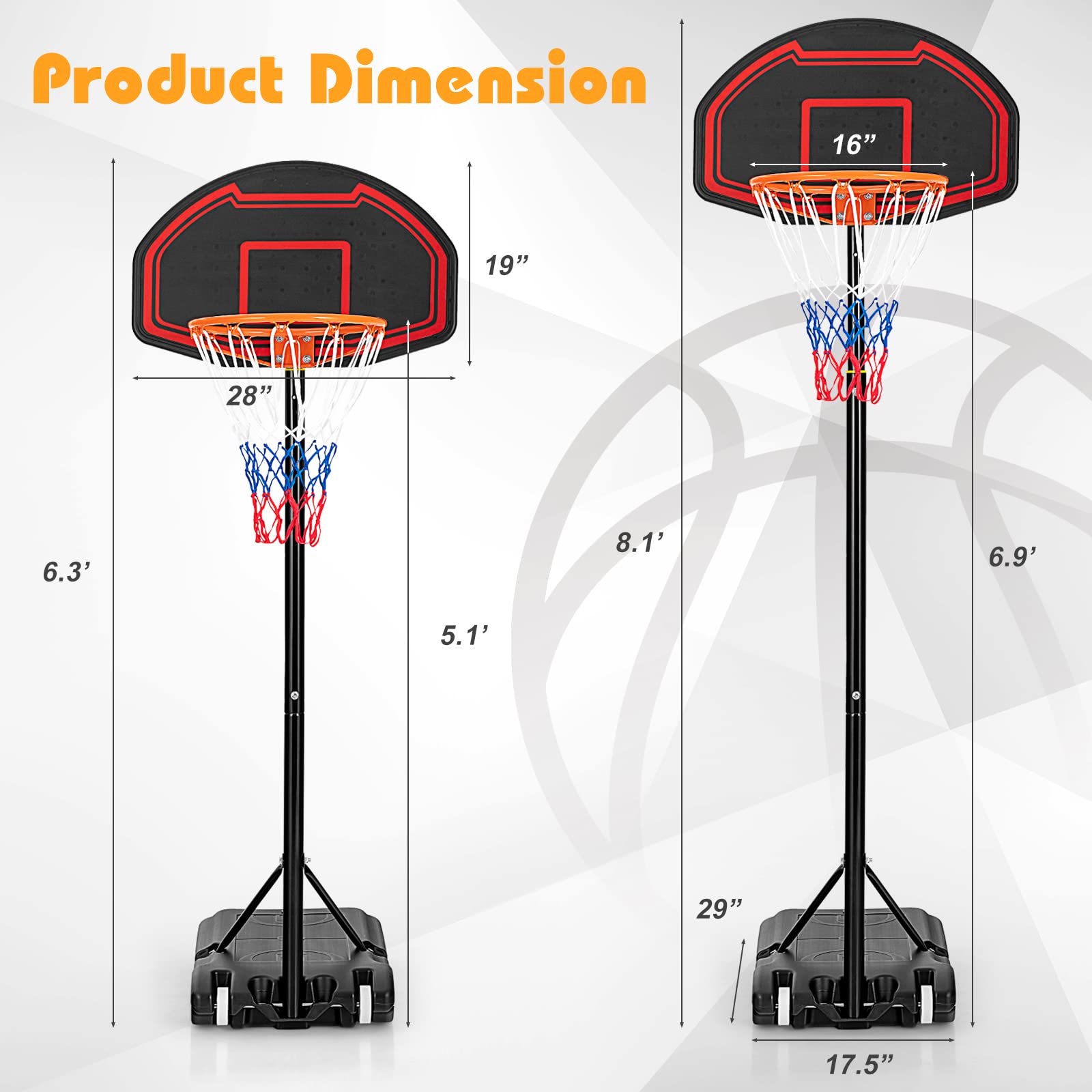 GYMAX Basketball Hoop, 6.3 ft-8.1ft Adjustable Basketball Goal with Shatterproof Backboard & Built-in Wheels, All weather Portable Basketball System for Kids Teens Adults, Indoor/Outdoor Gym, Backyard