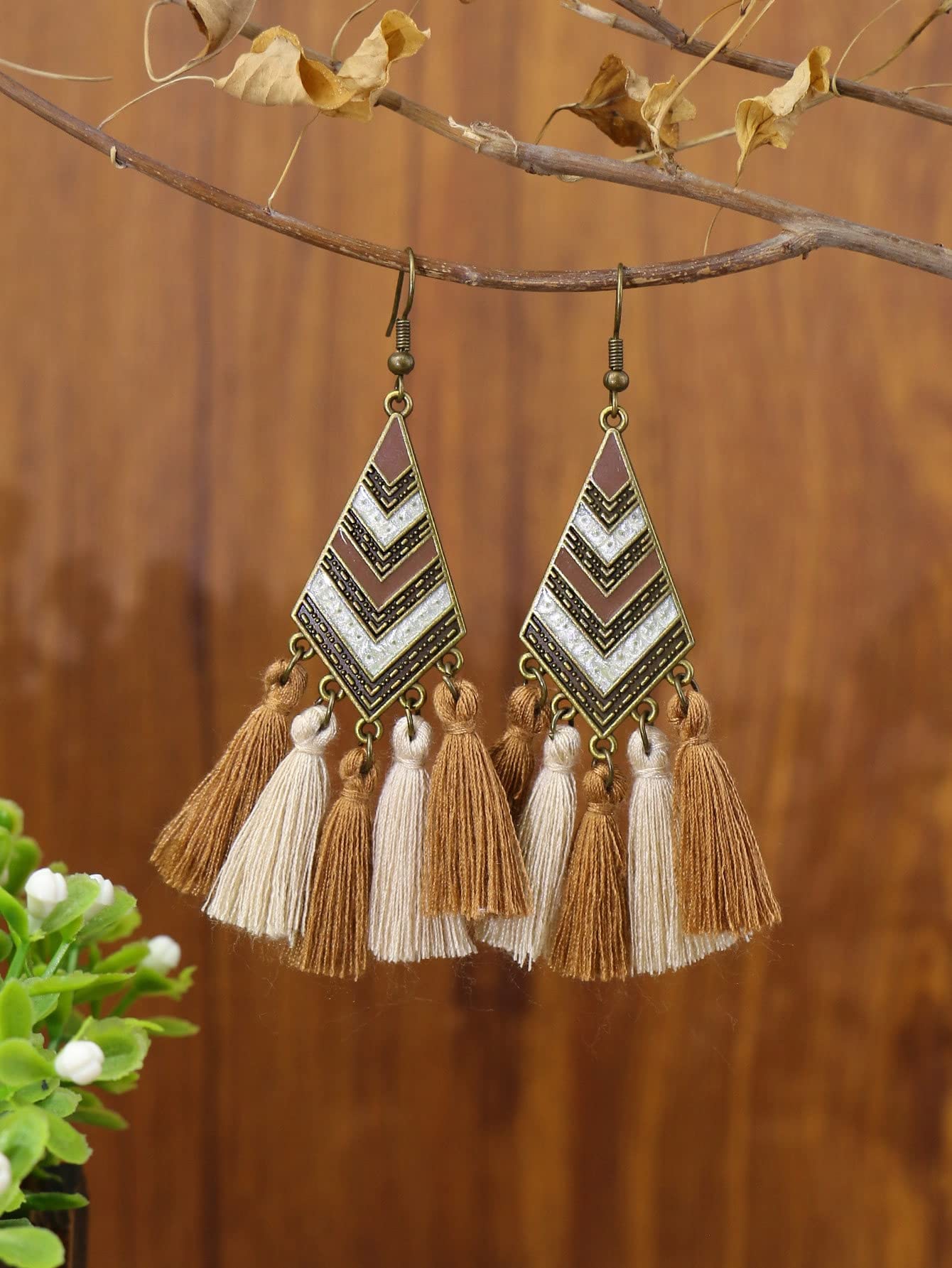 Verdusa Women's 3 Pairs Boho Tassel Earrings Set Khaki one-size