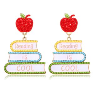 Boderier Teacher Earrings Beaded Apple Book Drop Dangle Earrings Teacher Appreciation Gifts Reading is Cool Earring Back To School Jewelry