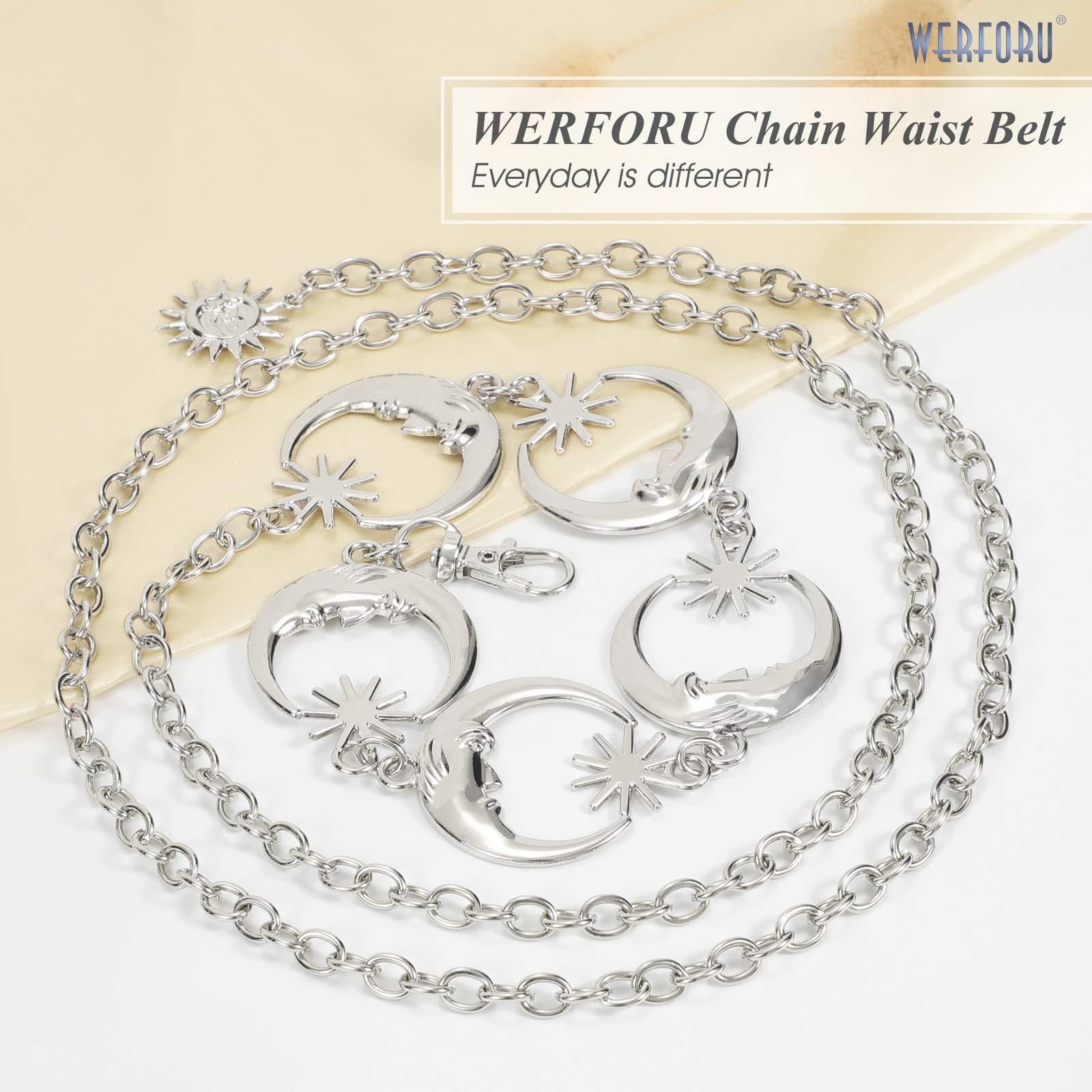 WERFORU Women's Silver Metal Link Moon Star Body Chain Belt Ladies Waist Chain Belt for Jeans Dress