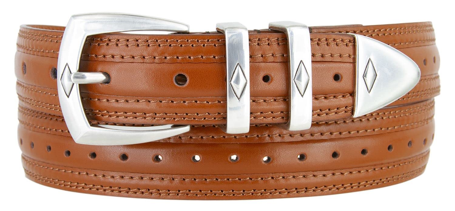 Men's Belt Perforated Leather Dress Designer Belt 1-1/8"(30mm) Wide (Tan, 40)