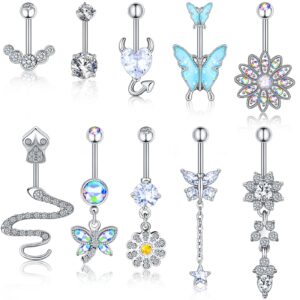 10 Pcs Dangle Belly Button Rings Piercing Belly Button Rings for Women Silver Heart Stainless Steel Curved Belly Rings Jewelry Dangling Cute Heart Butterfly Navel Rings Women's Body Piercing Barbells