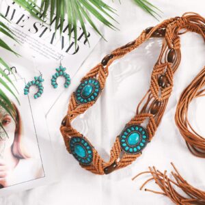 2 Pcs Turquoise Braid Waist Belt Bohemian Style Woven Belt and Turquoise Jewelry Western Beaded Dangle Earrings for Women (Brown)