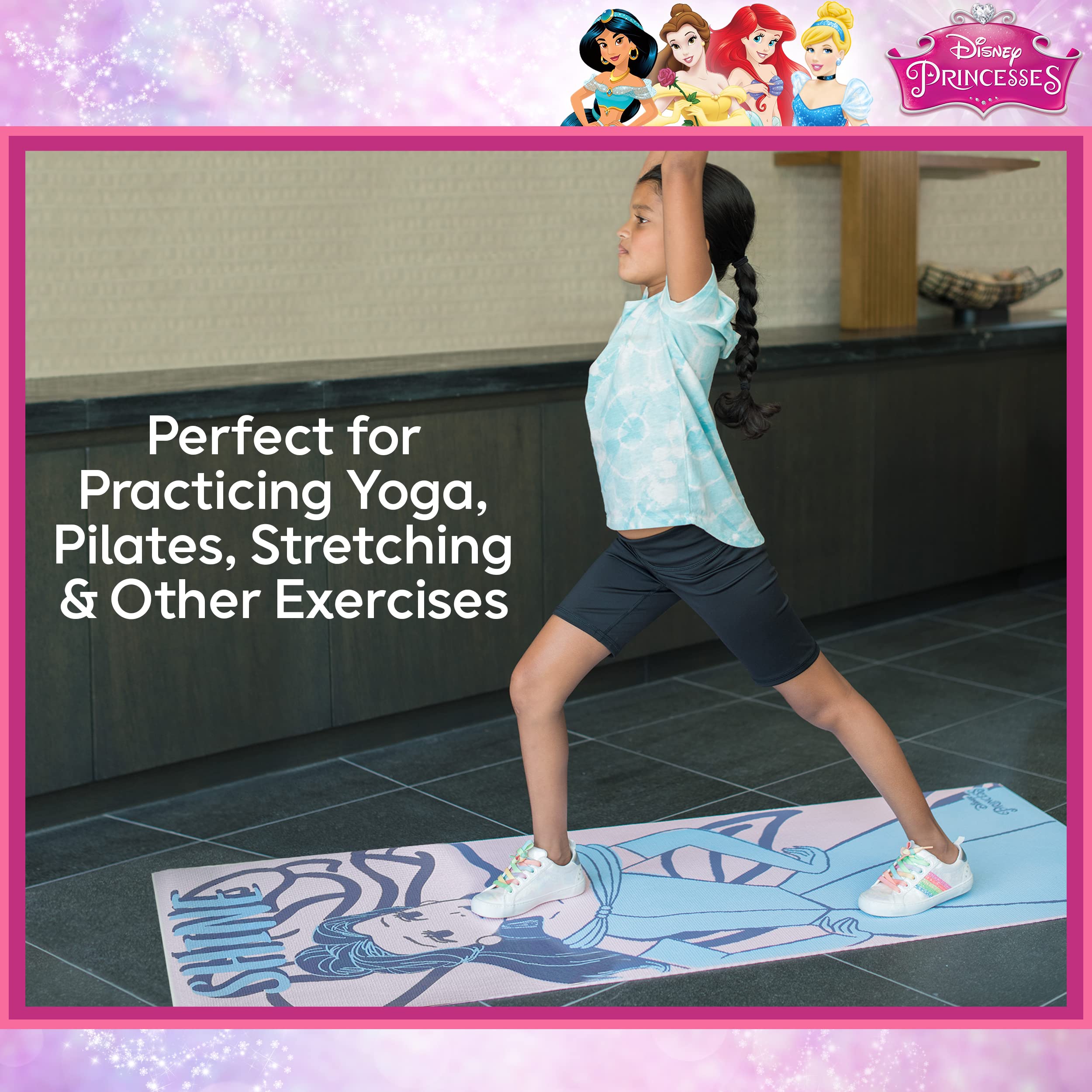 Disney Princess Belle Kids Yoga Mat Non Slip, All Purpose PVC Fitness and Workout Mat for Boys and Girls, Pink, 3 mm