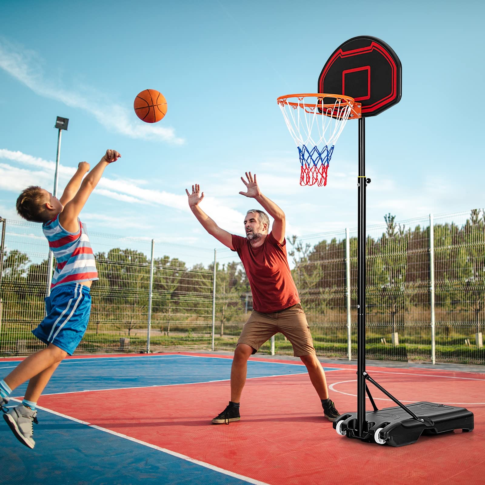 GYMAX Basketball Hoop, 6.3 ft-8.1ft Adjustable Basketball Goal with Shatterproof Backboard & Built-in Wheels, All weather Portable Basketball System for Kids Teens Adults, Indoor/Outdoor Gym, Backyard