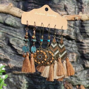 Verdusa Women's 3 Pairs Boho Tassel Earrings Set Khaki one-size