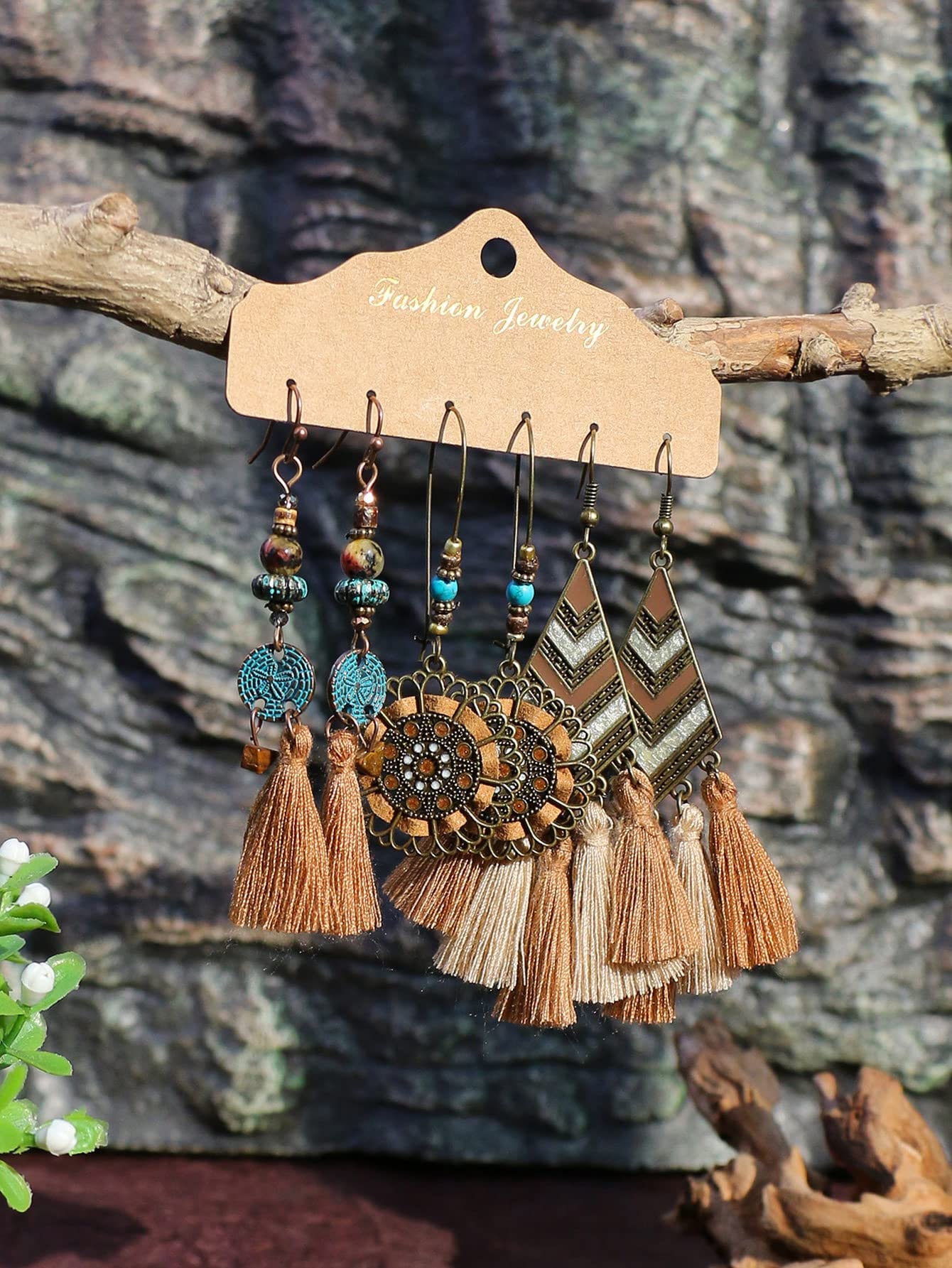 Verdusa Women's 3 Pairs Boho Tassel Earrings Set Khaki one-size