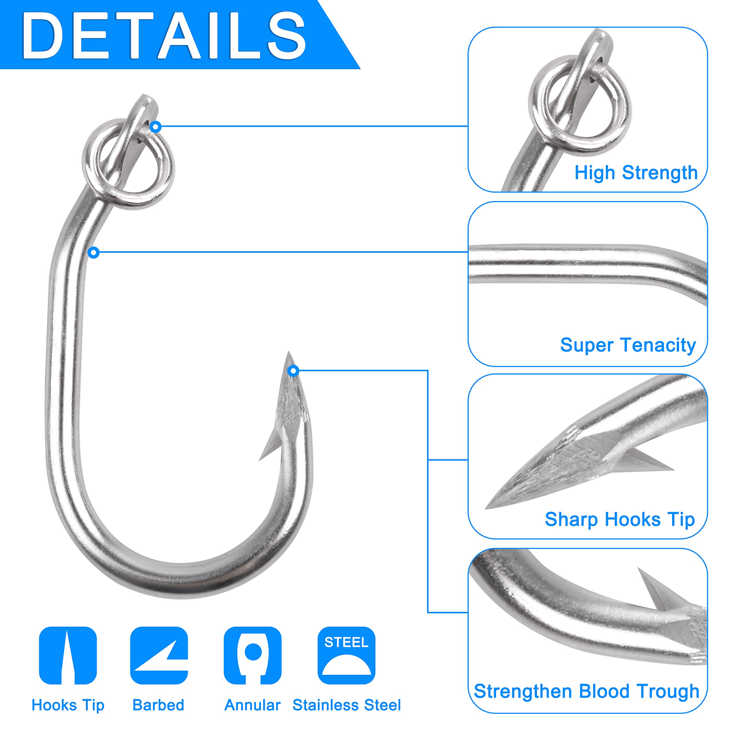 Tuna Fishing Hooks Ringed Live Bait Fishing Hook 10pcs Saltwater Big Game Hook for Tuna Circle hooks Stainless Steel Fishing Hook with Action Ring Catfish Hooks Giant Hook Shark Swordfish Tuna Catfish