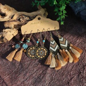 Verdusa Women's 3 Pairs Boho Tassel Earrings Set Khaki one-size