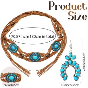 2 Pcs Turquoise Braid Waist Belt Bohemian Style Woven Belt and Turquoise Jewelry Western Beaded Dangle Earrings for Women (Brown)